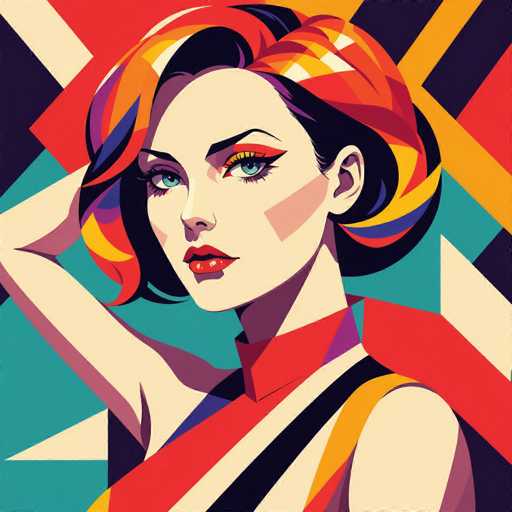 The image depicts a woman with vibrant red hair and striking blue eyes wearing an orange dress against a backdrop of geometric shapes in various colors including red, yellow, green, black, white, and pink. The artist's signature is subtly placed at the bottom right corner.