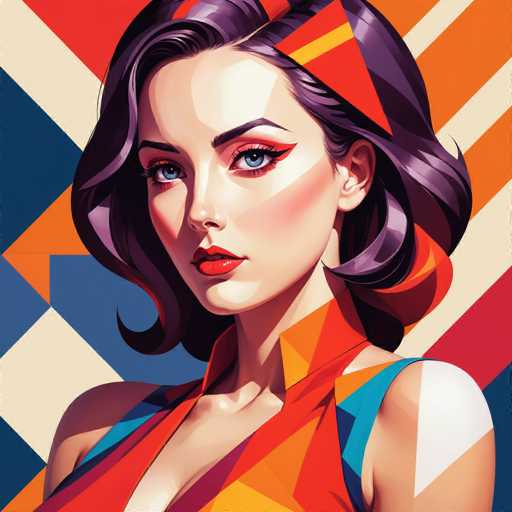 This image is a vibrant, cartoon-style illustration of a woman with striking features. She has short, wavy purple hair that curls at the ends, and her blue eyes are accentuated by red eyeliner that extends into a dramatic cat-eye shape. Her lips are painted a bold red, and her cheeks have a subtle pink blush. She is wearing a sleeveless dress adorned with a geometric pattern of orange, blue, and white triangles, which complements the colorful background. The background itself is a dynamic mix of orange, blue, white, and red stripes and triangles, creating a lively and eye-catching setting. The woman is looking directly at the viewer, her head slightly tilted to the left, giving the impression of confidence and poise.