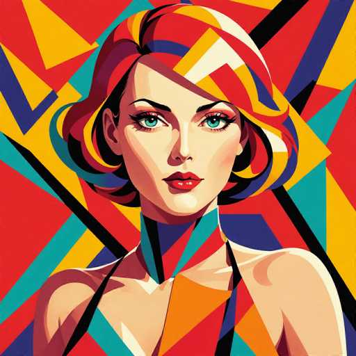 This image is a vibrant, abstract painting of a woman with short, multicolored hair that features shades of red, yellow, white, blue, and purple. Her hair is styled in a bob that frames her face and extends slightly past her ears. She has striking blue eyes, red lips, and a fair complexion. The woman is wearing a dress with thin straps over her shoulders, and the dress itself is adorned with a mix of colors including red, orange, yellow, blue, and white. The background is a dynamic composition of various geometric shapes—triangles, squares, and rectangles—in a palette of red, yellow, blue, and black. The painting is square-shaped, and the woman's face is centrally positioned, gazing directly at the viewer. The overall style is reminiscent of pop art, with bold colors and simplified forms.