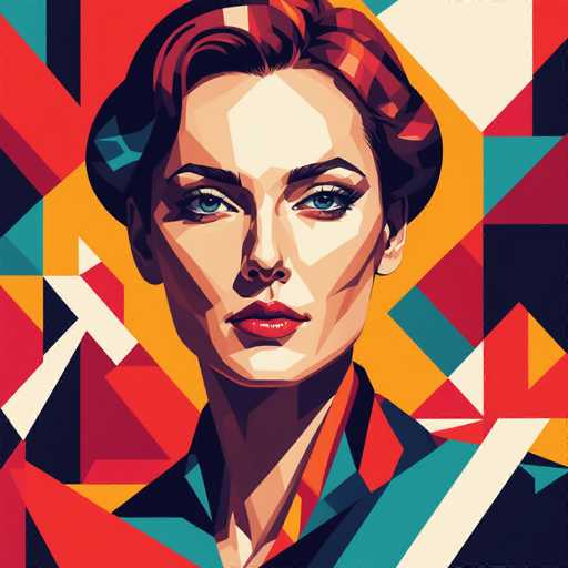 This image features a striking, computer-generated portrait of a woman with short, wavy red hair, styled in a bob. She has blue eyes, dark eyebrows, and wears red lipstick. Her expression is serious, with a closed mouth, and she gazes directly at the viewer. The woman is dressed in a shirt with a collar that incorporates a mix of blue, red, and orange colors. The background is a vibrant mosaic of geometric shapes, including triangles, squares, and rectangles, in a palette of red, blue, yellow, white, and black. The overall composition is highly detailed and colorful, creating a visually dynamic and engaging piece of art.