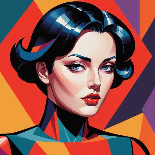 This image features a striking, computer-generated portrait of a woman with short, black hair that curls slightly at the ends. Her hair is accentuated with blue highlights, adding a touch of vibrancy. She has a fair complexion, large blue eyes, and bold red lips that stand out against her face. The woman is dressed in a form-fitting, multicolored outfit that appears to be predominantly red, blue, and yellow, with a design that extends from her shoulders to her neck. The background is a dynamic mosaic of various shapes and colors, including red, yellow, blue, purple, and orange, creating a visually engaging and colorful backdrop. The overall composition is reminiscent of a comic book style, with the woman's face and upper body being the focal point, set against the intricate and vividly colored background.