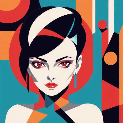 This image is a vibrant, abstract painting of a woman with a striking appearance. The woman has pale skin and dark black hair styled in an elaborate updo, with a distinctive white streak on the left side of her head. Her eyes are a vivid red, accentuated by dramatic black eyeliner that extends into a cat-eye shape. She wears bold red lipstick, and her face is framed by long, blue earrings. The background is a dynamic mix of geometric shapes and colors, including reds, oranges, blues, and blacks. The composition features a red circle behind her head, an orange circle to the right, and a black triangle with an orange circle inside it. The woman's shoulders are bare, and she is adorned with a blue necklace. The overall effect is a visually arresting portrait that blends realistic elements with abstract artistry.