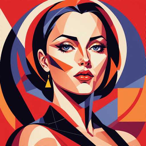 The image depicts a woman with striking blue eyes and long dark hair wearing a black dress against an abstract background of red, orange, yellow, and white geometric shapes. The artist's signature is subtly placed in the bottom right corner.