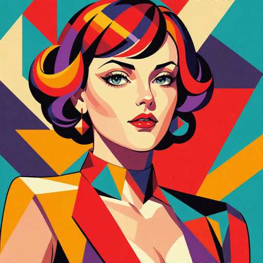 This image is a vibrant, cartoon-style illustration of a woman set against a geometric background composed of various shapes in shades of blue, red, yellow, and purple. The woman, who has fair skin and striking blue eyes, is depicted from the chest up. She has short, curly hair that features a mix of red, purple, yellow, and black, styled in a bob with bangs. Her lips are painted a bold red, and she wears dangling earrings that are shaped like triangles. She is dressed in a sleeveless top with a high collar, which is adorned with a pattern of red, yellow, and blue triangles. The overall composition is highly stylized and colorful, giving it a dynamic and eye-catching appearance.