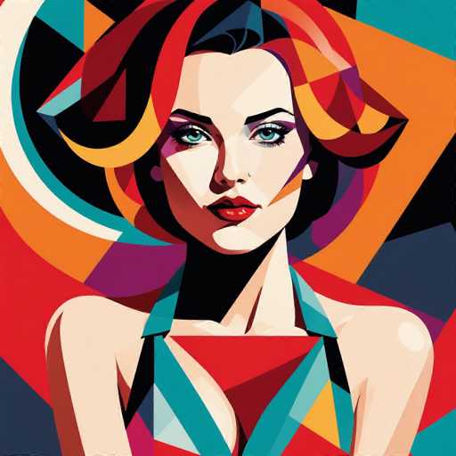 This vibrant, abstract painting features a striking woman with a sharp jawline and piercing blue eyes. Her hair, a mesmerizing blend of red, orange, yellow, and black, cascades down in a style reminiscent of a 1960s beehive. She wears a red dress with blue straps, and her lips are painted a vivid red. The background is a dynamic mosaic of geometric shapes in various colors, including orange, blue, purple, red, and black, creating a sense of depth and movement. The woman's face is framed by a white arch on the left side, adding to the painting's surreal and captivating nature.