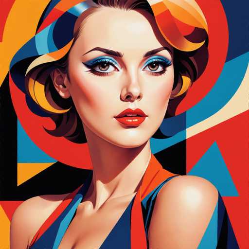 This image is a vibrant, stylized painting of a woman, reminiscent of the 1920s flapper era. The woman, who has fair skin and brown eyes, is depicted with short, wavy hair that features a mix of brown, orange, and blue highlights. Her makeup is bold, with blue eyeshadow, long eyelashes, and red lipstick. She is wearing a sleeveless dress with a V-neck, adorned with stripes of blue, red, and orange. The background is an abstract composition of geometric shapes, including red circles, blue and orange triangles, and black squares, creating a dynamic and colorful backdrop. The overall effect is a striking, modern interpretation of a vintage portrait.