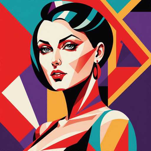 The image depicts a woman with short hair and dark makeup against a vibrant abstract background of red, blue, yellow, purple, green, orange, and pink triangles arranged in a geometric pattern. The woman is positioned centrally within the frame, drawing attention to her face as she gazes directly at the viewer.