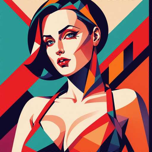 This image is a vibrant, pop art-style illustration of a woman, reminiscent of the comic book character Catwoman. The woman, depicted from the chest up, has a fair complexion and striking blue eyes. Her black hair is styled in a bob that frames her face, with a hint of red at the tips. She wears a black, strappy dress that reveals her shoulders and chest, and her lips are painted a bold red. The background is a dynamic mix of diagonal stripes in various colors, including red, teal, orange, black, and purple, creating a lively and energetic atmosphere. The woman's head is slightly tilted to the left, and she gazes directly at the viewer, adding to the captivating and intense feel of the artwork.