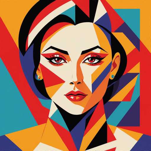 This image is a vibrant, abstract painting of a woman's face, neck, and shoulders, rendered in a style reminiscent of Picasso. The woman has short black hair and is adorned with blue earrings. Her face is a striking blend of colors, featuring a white forehead, red eyes, and red lips. The background is a dynamic composition of various geometric shapes, including triangles, squares, and rectangles in hues of red, blue, yellow, orange, and black. The painting's abstract nature is evident in the way the woman's features are fragmented and reassembled using these colorful shapes, creating a visually captivating and complex portrait.