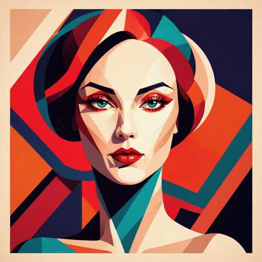 This image is a vibrant, abstract painting of a woman's face, neck, and shoulders. The artwork features a geometric, angular style with a multitude of colors including red, orange, blue, green, and black. The woman has striking blue eyes, red lipstick, and red eyeshadow that extends from her eyes to her eyebrows. Her hair is styled in a bun, and she has a serious expression. The background is composed of various shapes and colors, adding to the dynamic and modern feel of the piece. The painting is framed by a beige border, and the woman's skin is depicted in a light tan color. The overall composition is very colorful and detailed, with the woman's face being the central focus of the artwork.