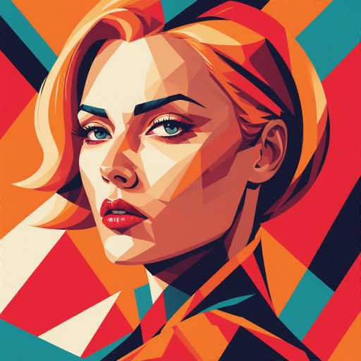 This image is a vibrant, computer-generated graphic of a woman's face and upper body, created using a mosaic of geometric shapes, primarily triangles. The woman has short blonde hair with black streaks, styled in a bob that curls slightly at the ends. Her striking blue eyes are framed by thick black eyebrows and long eyelashes, and she wears bold red lipstick. She is looking directly at the viewer with a serious expression. The background is a dynamic mix of red, orange, blue, and black triangles, creating a colorful and abstract setting that contrasts with her defined features. The overall composition is reminiscent of a stylized comic book or video game character, with a focus on the intricate details of her face and the vibrant, angular background.