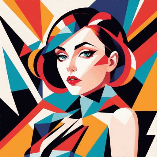 This image is a vibrant, abstract painting of a woman's face and upper body, rendered in a style reminiscent of Picasso. The woman, who has fair skin and striking blue eyes, is depicted with short, dark hair that has hints of red. Her lips are painted a vivid red, and she wears dramatic black eyeliner that accentuates her eyes. She is adorned in a sleeveless dress that features a mix of colors, including black, white, blue, red, and yellow. The background is a dynamic explosion of geometric shapes and colors, with triangles and other polygons in hues of red, yellow, blue, black, and white. The overall composition is highly abstract, with the woman's face and dress blending seamlessly into the colorful, angular backdrop.