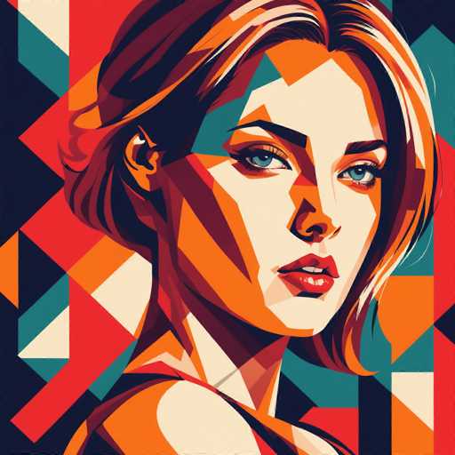 This image is a vibrant, abstract painting of a woman's face, created using a mosaic-like technique with various geometric shapes. The woman, who has fair skin and striking blue eyes, is depicted with short, reddish-brown hair that frames her face. Her lips are painted a vivid red, and she is looking directly at the viewer. The background is a dynamic mix of colors, including shades of red, orange, teal, white, and black, arranged in a pattern of triangles and other shapes. The painting captures the essence of the woman's features with bold, angular lines and a rich palette, giving it a modern and artistic feel.