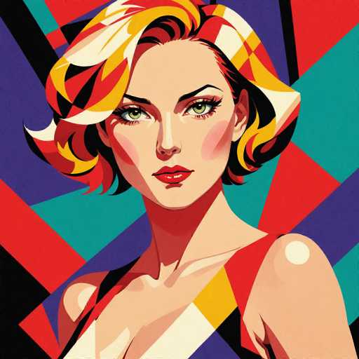 This vibrant, cartoon-style illustration features a striking woman with short, multi-colored hair that includes shades of red, yellow, white, and black. Her hair is styled in a bob cut, with some strands curling around her face. She has light green eyes, thin black eyebrows, and long eyelashes. Her lips are painted a bold red, and her cheeks are blushed, adding to her captivating appearance. She is dressed in a sleeveless top that is a mix of red, yellow, white, and black, with a strap over her shoulder. The background is a dynamic collage of colorful shapes, including squares and triangles in hues of red, blue, green, black, and purple, creating a lively and artistic backdrop. The woman is looking directly at the viewer, her head slightly tilted to the left, with her shoulders angled in the same direction, giving the image a sense of depth and engagement.
