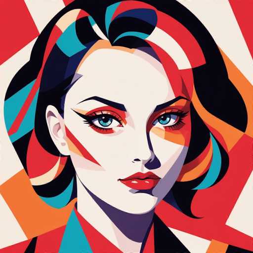 The image depicts a woman with striking blue eyes and vibrant red lips against a backdrop of abstract geometric shapes in various colors including red, orange, yellow, green, black, white, and pink. The artist's signature is subtly placed at the bottom right corner.