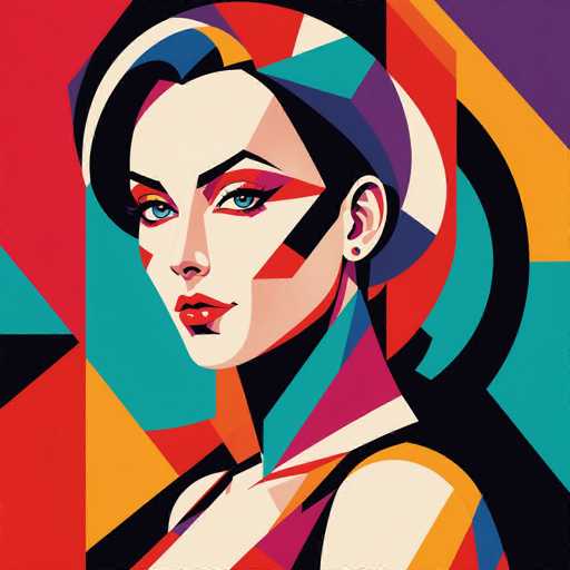 This image is a vibrant, abstract painting of a woman's face, neck, and shoulders, rendered in a geometric style reminiscent of Picasso. The woman, who has fair skin and striking blue eyes, is adorned with red lipstick and a small earring. Her black hair is styled in a bob, and she wears a black tank top. The background is a dynamic explosion of colors, featuring red, yellow, blue, purple, and black, with various shapes such as triangles, squares, and rectangles. The painting is highly detailed, with the woman's face and body composed of numerous small geometric shapes, creating a mosaic-like effect. The overall composition is both colorful and intricate, with the woman's face turned slightly to the left, adding to the abstract and modern feel of the artwork.
