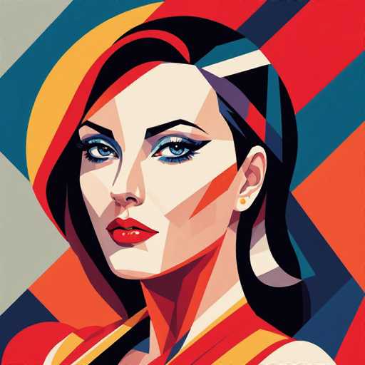 The image depicts a woman with long dark hair wearing a red dress and blue eyeshadow. The background is a vibrant mix of colors including yellow, orange, green, and blue.