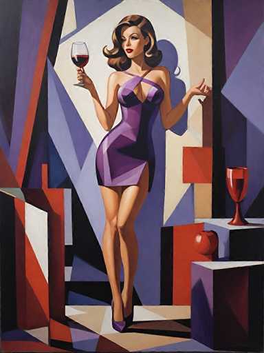 The image is a detailed painting of a woman standing in a room with an abstract background composed of various geometric shapes in shades of purple, red, and white. The woman, who has shoulder-length brown hair with blonde highlights, is wearing a purple dress that is low-cut and features a single shoulder strap. She is holding a wine glass filled with red wine in her right hand, while her left hand rests on a wall. She is also wearing purple high heels. The background includes a white wall with a red square and a red chalice on a white table. The overall style of the painting is reminiscent of Picasso's work, with its abstract and geometric elements.