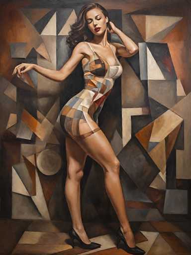The image depicts a painting of a woman standing against a geometric, mosaic-like background composed of various shapes in shades of brown, gray, and white. The woman, who has long, wavy brown hair cascading over her right shoulder, is dressed in a one-piece dress with thin straps and a plaid pattern featuring colors such as brown, gray, and white. She is wearing black high heels and has her eyes closed, with her left hand raised to her ear and her right hand extended outward. Her legs are slightly apart, and she stands on a floor that matches the geometric pattern of the background. The overall composition is reminiscent of a cubist style, with the woman's figure seamlessly integrated into the abstract, angular surroundings.
