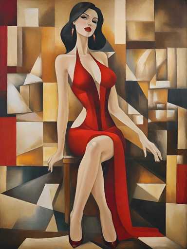 The image depicts an abstract painting featuring a woman wearing a red dress and high heels seated on a chair with her legs crossed. The background is a mosaic of geometric shapes in shades of brown and beige, creating a sense of depth and complexity to the piece.