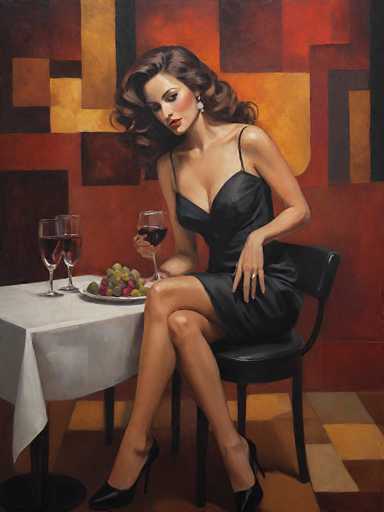 The image depicts a painting of a woman seated at a small, square table draped with a white tablecloth. She is wearing a black dress with thin straps and black high heels. Her long, wavy brown hair cascades down to her shoulders, and she is adorned with large, dangling earrings. The woman is holding a wine glass filled with red wine in her right hand, while her left hand rests on her lap. On the table in front of her, there is a plate of mixed fruits, including green, purple, and yellow grapes, as well as some plums. Additionally, two more wine glasses, also filled with red wine, are placed on the table. The background features a geometric pattern of red and yellow squares, adding a vibrant contrast to the scene. The woman is seated on a black chair, and the floor beneath her is a brownish color.