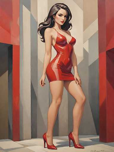 This image is a detailed, stylized drawing of a woman with long, dark brown hair cascading down her back. She is depicted wearing a form-fitting, red dress that appears to be made of leather or plastic, with thin straps over her shoulders and a V-neckline that reveals a significant amount of cleavage. The dress is short, ending just above her knees, and she pairs it with matching red high heels. Her pose is confident, with one leg slightly bent and her hands resting on her hips. She gazes directly at the viewer with a serious expression, her lips painted a vivid red. The background features a geometric pattern of red and gray stripes, adding to the modern, graphic feel of the artwork. The overall style is reminiscent of a comic book or graphic novel, with bold lines and vibrant colors.