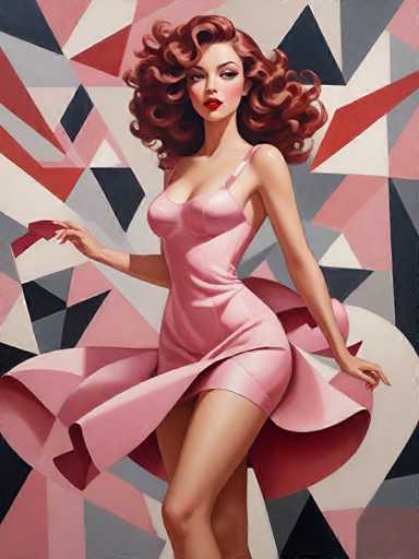 The image is a detailed painting of a woman with long, curly red hair cascading down to her shoulders. She is dressed in a short, pink dress with thin straps over her shoulders, which accentuates her curvy figure. The dress is short in the front but extends longer at the back, creating a flowing effect as if she is twirling. Her arms are outstretched to her sides, and her legs are slightly bent, adding to the dynamic pose. She has striking red lipstick and is gazing directly at the viewer with a serious expression. The background is a vibrant mosaic of geometric shapes, including triangles, squares, and rectangles in shades of pink, red, gray, black, and white. The overall composition is vertical, with the woman positioned centrally, making her the focal point of the artwork.