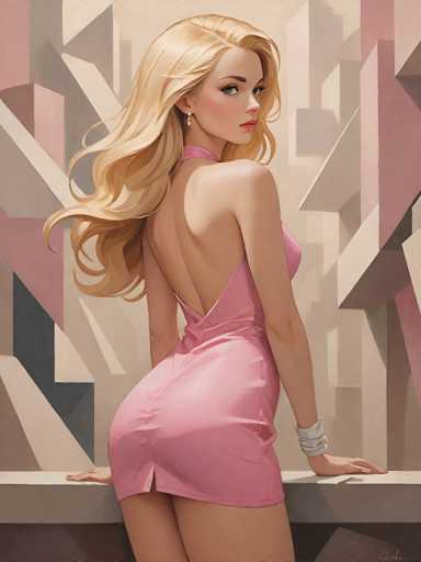 The image depicts a woman with blonde hair wearing a pink dress and standing on a balcony overlooking a cityscape. The background features a geometric pattern of pink and white shapes.