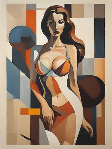 This image is a detailed painting of a woman standing against a vibrant, abstract background. The woman, who has long, wavy brown hair cascading down her back, is depicted wearing a white bikini with blue and orange accents. Her striking blue eyes and red lips add to her captivating presence. She stands with her left arm hanging by her side and her right arm bent at the elbow, her hand resting on her hip. The background is a complex mosaic of various geometric shapes and colors, including squares, circles, and rectangles in shades of blue, orange, brown, gray, and black. The overall composition is both dynamic and harmonious, with the woman's figure seamlessly integrated into the abstract surroundings.