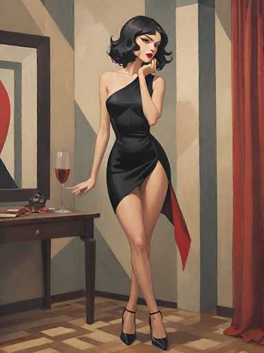 The image depicts a stylized, cartoon-like painting of a woman standing in a room with a distinctive 1920s flapper aesthetic. She has short, black hair that curls at the ends and is wearing bold red lipstick. Her attire consists of a black, one-shoulder dress that is form-fitting and features a high slit on the right side, revealing her leg. The dress has a red lining that adds a touch of color to the outfit. She is wearing black high-heeled shoes with straps around her ankles.

The woman is posed with her right hand on her hip and her left hand raised to her chin, giving her a contemplative look. The room around her has a geometric design with a mix of beige, gray, and brown tones. To her left, there is a wooden desk with a drawer, on which sits a glass of red wine and a small black hat. Behind the desk, a mirror with a brown frame reflects part of the room. To her right, a red curtain hangs from the ceiling, adding a splash of color to the background. The floor beneath her is a brown and beige checkered pattern, completing the vintage ambiance of the scene.