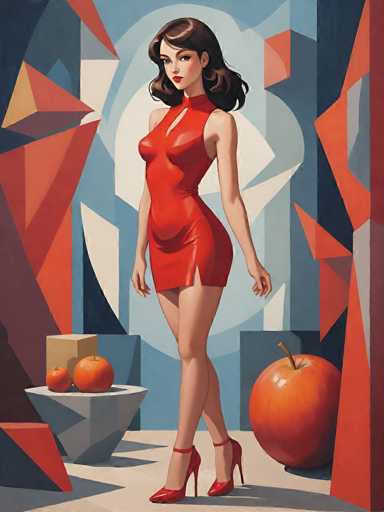 The image depicts a highly stylized, computer-generated painting of a woman standing in a room with an abstract, geometric background. The background features a mix of blue, white, and gray hues, with various shapes such as triangles, squares, and rectangles, creating a dynamic and modern aesthetic. The woman, who appears to be of Asian descent, has long, dark brown hair and is wearing a form-fitting, red dress that extends just above her knees. The dress has a high neckline, a plunging V-neckline, and is sleeveless, highlighting her slender figure. She is also wearing red high heels with ankle straps. Her expression is serious, and she is looking directly at the viewer. 

To her left, there is a gray pedestal holding two oranges, and to her right, a large orange apple rests on the floor. The floor itself is a light gray color, complementing the overall color scheme of the painting. The woman's arms are positioned at her sides, with her left arm slightly bent. The entire scene is rendered in a cartoonish style, emphasizing bold colors and clean lines, giving it a vibrant and eye-catching appearance.