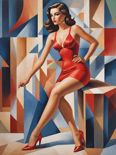 The image depicts a woman wearing a red dress and high heels posing on a pedestal against an abstract geometric background.