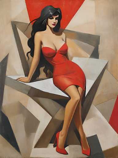 This image is a detailed painting of a woman with long, wavy black hair cascading down her back. She is dressed in a striking red dress with a sweetheart neckline and a short skirt that falls just above her knees. The dress features thin straps over her shoulders, and she pairs it with red high-heeled shoes. The woman is seated on a white, angular, and sharp-edged bench, which appears to be made of concrete or stone. Her left arm is draped over the back of the bench, while her right arm rests on the seat. She is looking directly at the viewer with a serious expression, her lips painted a vivid red. The background of the painting is a mix of beige, gray, and red hues, adding depth and contrast to the scene. The overall composition is vertical, emphasizing the woman's elegant posture and the geometric lines of the bench.