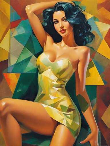 The image depicts a striking, computer-generated artwork of a woman with long, dark hair that appears to be a mix of black and blue. She is seated on a green chair, her right leg bent with her knee raised, while her left leg is straight. The woman is wearing a revealing, one-shoulder dress that is yellow with green and blue accents, and the dress is very short, showcasing her legs. Her left arm is bent with her hand resting on her hip, while her right arm is raised, with her hand placed behind her head. She has a serious expression, with her head slightly tilted to the right. The background is a vibrant mix of geometric shapes in various colors, including yellow, green, blue, and red, creating a dynamic and colorful setting that contrasts with the woman's more subdued appearance.