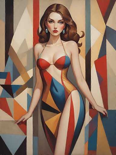This image is a detailed painting of a woman with long, wavy brown hair cascading past her shoulders. She is dressed in a striking one-piece bathing suit that features a vibrant mix of red, blue, and yellow, with the colors arranged in various triangular patterns. The suit has thin straps over her shoulders and a string that ties around her neck, leaving her arms bare. Her face is adorned with silver dangling earrings, and she has a serious expression with her lips painted a vivid red. Her long, dark red fingernails are visible as she holds onto the edges of the painting. The background is a complex mosaic of geometric shapes in shades of blue, red, yellow, and white, creating a dynamic and colorful backdrop that contrasts with her figure. The overall composition is both bold and intricate, capturing the viewer's attention with its vivid details and striking contrasts.
