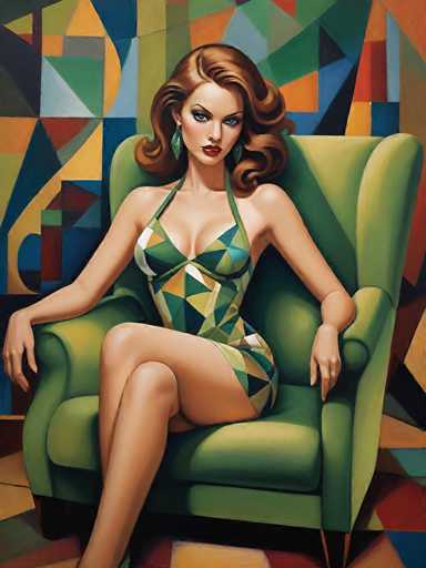 The image is a detailed painting of a woman seated in a green armchair with her legs crossed. She has long, wavy brown hair that cascades down to her shoulders and is wearing green earrings. Her attire is a striking green dress adorned with a pattern of yellow, blue, and white triangles. The woman's expression is serious, with her head slightly tilted to the right, and she is looking directly at the viewer. The background features a vibrant, multicolored geometric pattern composed of various shapes like triangles, squares, and rectangles in colors such as blue, green, yellow, orange, and red. The floor beneath the chair continues this geometric theme, adding to the overall dynamic and colorful composition of the painting.