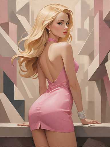 The image depicts a computer-generated, cartoon-like drawing of a young woman with long, wavy blonde hair cascading down her back. She is standing with her back to the viewer, but her head is turned over her right shoulder, giving a partial profile view of her face. She has striking blue eyes, pink lips, and is adorned with dangling earrings. The woman is wearing a form-fitting, pink dress that is low-cut at the front and back, revealing her shoulders and the upper part of her back. The dress is short, ending just above her knees, and features a pink collar around her neck. Her right arm is bent at the elbow, with her hand resting on a white ledge, while her left arm hangs straight down by her side. She also wears a white bracelet on her left wrist. The background consists of various geometric shapes in shades of pink, white, and gray, creating a modern, abstract setting.