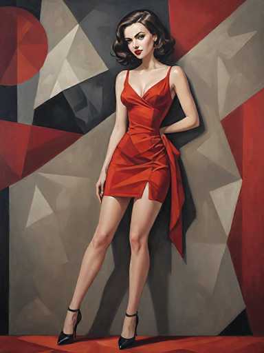 The image depicts a stylized painting of a woman standing against a geometric, angular wall composed of various shapes like triangles, squares, and rectangles in shades of gray, red, and black. The floor beneath her is a solid red color. The woman, who has fair skin and short, wavy brown hair that falls just below her ears, is wearing a form-fitting, sleeveless red dress with thin straps and a high slit on the right side, revealing her leg. The dress is accentuated by a sash tied at her waist, which drapes down to her knees. She is adorned with black high-heeled shoes featuring ankle straps. Her makeup includes red lipstick, and she has a serious expression as she looks directly at the viewer. The overall composition of the painting is rectangular, with the height being twice the width.