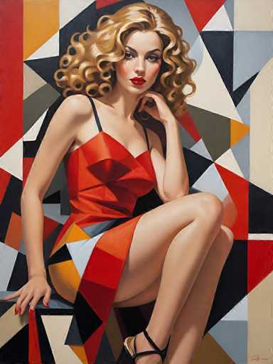 This image is a detailed painting of a woman with long, curly blonde hair, seated on a chair. She is wearing a striking red dress with thin black straps and a black bra visible underneath. The dress features a bow on the front and is complemented by black high heels. Her makeup is bold, with bright red lipstick and dark, arched eyebrows. The woman's right hand rests on the chair, showcasing her red-painted fingernails, while her left hand is placed thoughtfully under her chin. She gazes directly at the viewer with a serious expression. The background is a vibrant collage of various colored triangles, including shades of red, orange, black, white, gray, and blue, creating a dynamic and colorful backdrop. The painting is signed in the bottom right corner, though the signature is not legible.