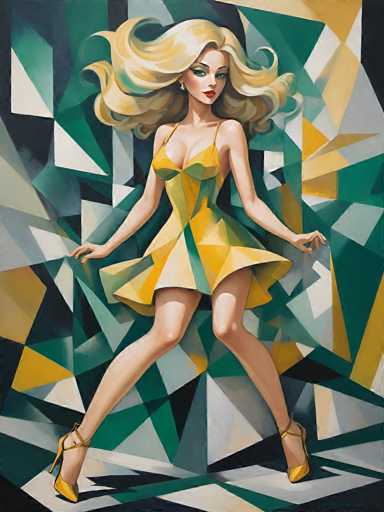 This image is a vibrant, stylized painting of a woman with long, flowing blonde hair that appears to be caught in the wind. She is dressed in a striking yellow dress with thin straps and a short skirt that falls just above her knees, revealing her legs. Her outfit is complemented by yellow high heels. The woman's face is adorned with heavy eye makeup, including blue eyeshadow and red lipstick, and she wears a single pearl earring. She stands with her legs spread apart, looking directly at the viewer. The background is a dynamic mosaic of geometric shapes in various shades of green, yellow, and white, creating a sense of movement and energy. The overall composition is reminiscent of a 1920s flapper style, with the woman's pose and attire exuding a sense of confidence and glamour.