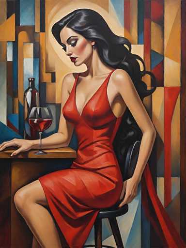 The image is a detailed painting of a woman seated on a black stool, facing left. She has long, wavy black hair that cascades down to her waist, and she is adorned with black earrings. Her attire is a striking red dress with a plunging neckline that reveals a significant portion of her chest, and the dress features thin straps over her shoulders. The dress is form-fitting, accentuating her figure, and extends to her knees, with a long train trailing behind her. Her right arm rests on a wooden table, and she holds a wine glass filled with red wine in her left hand. The table also supports a bottle of wine. The background is a vibrant mosaic of geometric shapes in various colors, including red, blue, yellow, and orange, creating a dynamic and colorful backdrop. The woman's expression is contemplative, with her head slightly bowed and her gaze directed downward.