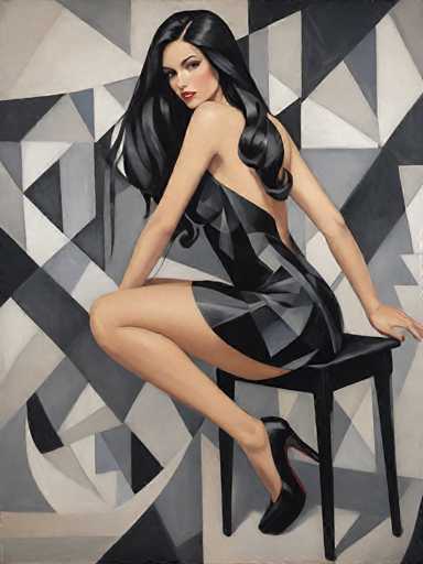 The image is a detailed painting of a woman with long, dark black hair, seated on a black wooden stool. She is wearing a sleek, black dress that accentuates her figure, with a design that leaves her shoulders and back exposed. The dress features a high slit on the left side, revealing her leg, and it is adorned with geometric shapes in black, gray, and white. Her red lipstick and the subtle makeup on her face add a touch of color to her otherwise monochromatic attire. She is wearing black high heels with a red interior. The woman is positioned with her body facing left, but her head is turned towards the viewer, gazing directly at us. The background is a complex mosaic of various geometric shapes in shades of gray, white, and black, creating a visually striking contrast with her figure. The overall composition is vertical, emphasizing the height and elegance of the scene.
