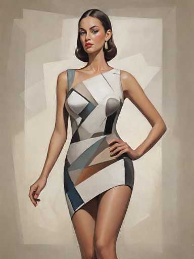 This image is a detailed painting of a woman with a striking, modern appearance. She has short, dark brown hair that is parted in the middle, with a slight curl at the ends. Her hair is styled in a bob that frames her face and falls just to her chin. She has dark brown eyes, accentuated by dark eyebrows, and her lips are painted a vivid red. Her cheeks are rosy, adding a touch of warmth to her complexion.

The woman is wearing a sleeveless dress that is form-fitting and falls just above her knees. The dress is a light gray color and features an abstract pattern composed of various shapes, including triangles, squares, and rectangles. The design incorporates different shades of gray, with some shapes outlined in darker gray. A notable detail is a strap over her right shoulder, which is a slightly darker shade of gray.

Her pose is confident, with her left hand resting on her hip and her right arm hanging by her side. She has a slender figure, and the dress accentuates her long, bare legs. The background of the painting is a light gray, with a white rectangular area behind her that adds depth to the composition. The overall style of the painting is realistic, capturing fine details and textures, making it a captivating piece of art.