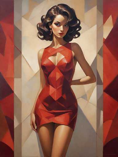 This image is a detailed painting of a woman with a striking, vintage 1950s-60s look. She has long, dark brown hair styled in a curly bob that frames her face. Her complexion is light, and she has blue eyes, red lips, and dark eyebrows. She is wearing a short, sleeveless red dress with a unique design that includes a diamond-shaped cutout at the chest and a crisscross pattern around the neck. The dress is form-fitting, accentuating her figure, and ends just above her knees. She is standing with her left arm bent behind her back and her right arm resting on her thigh. The background features a geometric pattern with red, white, and gray shapes, adding to the overall retro feel of the painting.