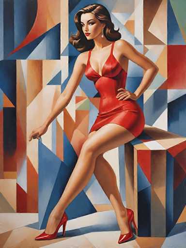 This image is a detailed painting of a woman in a stylized, abstract setting. The woman, who has fair skin and long, wavy brown hair that curls at the ends, is seated on a small, rectangular bench. She is wearing a form-fitting, red dress that extends just above her knees and features thin straps over her shoulders. Her outfit is complemented by red high heels. The woman's left hand rests on her hip, while her right hand is extended outward. She is adorned with long, dangling earrings that resemble teardrops. The background is a vibrant mosaic of geometric shapes in various colors, including blue, red, orange, and white, creating a dynamic and colorful backdrop. The floor beneath her is white, and the overall composition gives the impression of a modern, artistic portrait.