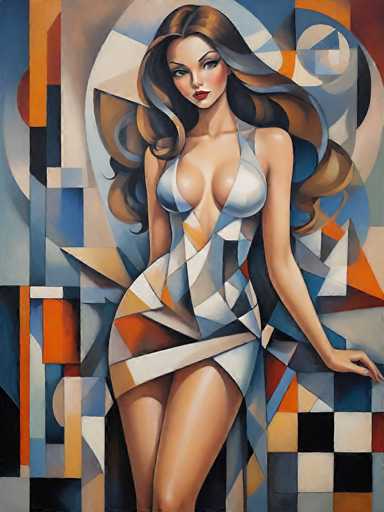 This image is a detailed, stylized painting of a woman with long, wavy brown hair that cascades down to her waist. She is depicted wearing a form-fitting, white dress with a deep V-neckline that reveals her cleavage and a high slit that exposes her legs up to her knees. The dress features a geometric pattern of white, blue, and orange shapes, adding to its intricate design. The woman has striking blue eyes, red lipstick, and a serious expression as she gazes directly at the viewer. Her left arm is extended outward, with her hand resting on a surface, while her right arm hangs by her side. The background is a vibrant mosaic of various geometric shapes in colors such as blue, orange, yellow, black, and white, creating a dynamic and visually engaging setting. The overall composition is reminiscent of a cubist style, with overlapping shapes and patterns that add depth and complexity to the image.