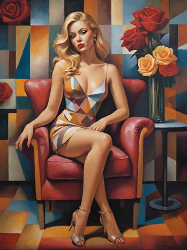 The image depicts a painting of a woman seated in a red chair with a wooden frame, positioned in the center of the composition. She has long, wavy blonde hair cascading over her right shoulder and is adorned with red lipstick and gold earrings. The woman is dressed in a short, sleeveless dress that features a geometric pattern of triangles in various colors, including white, orange, blue, and gray. Her legs are crossed, and she wears silver high-heeled sandals with ankle straps. 

To her right, there is a small table with a black base and a gray top, holding a clear vase filled with red and yellow roses. The background is a vibrant mosaic of geometric shapes in shades of blue, orange, white, and gray, creating a dynamic and colorful setting. The floor beneath her is a mosaic of red, blue, and orange tiles, adding to the overall lively and artistic atmosphere of the scene.