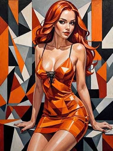 The image depicts a detailed painting of a woman with long, wavy red hair cascading down her back. She is seated on a gray bench, her hands resting on either side. The woman is dressed in a striking orange dress with thin black straps and a black tie at the front, which accentuates her cleavage. The dress is short, ending just above her knees, and features a shiny, almost plastic-like texture. Her makeup is meticulously applied, with red lipstick and black eyeliner, and her nails are painted black. The background is a vibrant mosaic of geometric shapes in shades of orange, gray, black, and white, creating a dynamic and colorful setting that contrasts with the simplicity of the bench. The woman gazes directly at the viewer, her head slightly tilted to the right, exuding a sense of confidence and allure.
