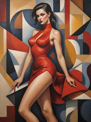 This image is a detailed painting of a woman with long, dark hair that cascades down to her shoulders, partially covering her right eye. She is dressed in a striking red dress that accentuates her figure, featuring a high slit on the right side that reveals her leg. The dress has a unique design with a V-neckline that extends down to her waist, and a high collar that wraps around her neck. The woman's arms are extended outwards, with her hands resting on the slit of her dress, which is lifted slightly to reveal more of her leg. Her nails are painted red, adding a touch of elegance to her appearance. She has red lipstick and blush on her cheeks, complementing her fair skin. The background is a vibrant mix of geometric shapes in various colors, including red, blue, white, and yellow, creating a dynamic and colorful setting that contrasts with her red dress. The overall composition of the painting is both bold and captivating, drawing attention to the woman's poised and confident stance.