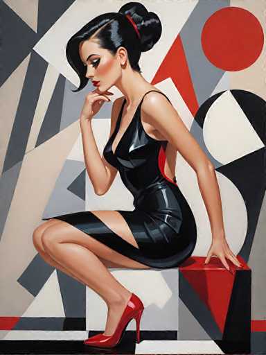 The image is a detailed painting of a woman seated on a white and red geometric block, set against a backdrop of various shapes and colors, including red, white, gray, and black. The woman, who has fair skin and black hair styled in a bun with a side bang, is wearing a form-fitting, sleeveless black dress with a red stripe down the side and a slit on the left leg. She is also wearing red high heels. Her makeup is striking, with red lipstick, black eyeliner, and blush on her cheeks. She is posed with her left hand resting on the block and her right hand near her chin, as if deep in thought. The overall composition of the painting is vibrant and dynamic, with the woman's figure contrasting against the abstract geometric background.